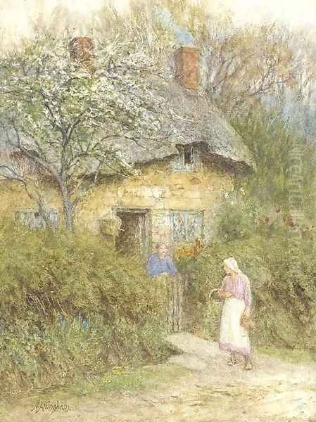 Women at a cottage gate - view 1