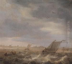 Fishing Boats Off The Coast, On A Choppy Sea by Abraham Susenier