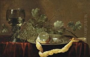 A Partially Peeled Lemon On A Silver Platter, A Knife, Grapes And A 'roemer' Of White Wine On A Draped Table