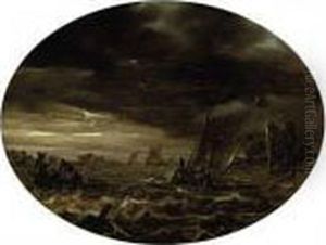 A Moonlit River Landscape With Fishermen In Choppy Waters by Abraham Susenier