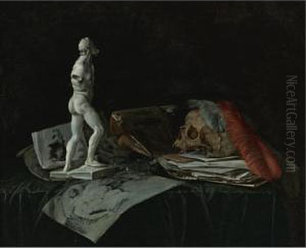Vanitas Still Life With A Skull, Feathers, An Overturned Roemer, A Sculpture And A Portfolio Of Drawings - view 1