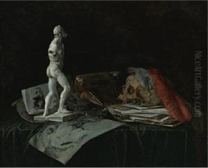 Vanitas Still Life With A Skull, Feathers, An Overturned Roemer, A Sculpture And A Portfolio Of Drawings