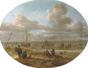 Fishermen Trading On A Beach With A Sailing Vessel In Rough Waters Beyond by Abraham Susenier