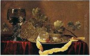 A Still Life Of A Peeled Lemon On A Pewter Dish, Grapes, And A Roemer, All On A Table Draped With A Red Cloth by Abraham Susenier