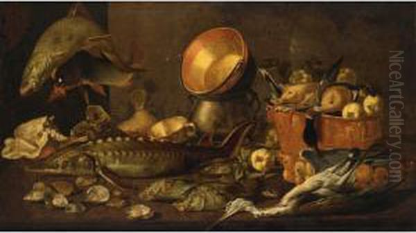 A Still Life With A Sturgeon, A Carp And Other Fresh-water 
 
 
 
 
 
 
 
 
 
 
 
 
 
 
 
 
Fish, Together With Copper Bowls, Shells, Oysters, Ducks In A Bucket, And A Heron, All On A Wooden Table - view 1