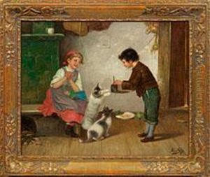 Bauernkinder Mit Katzenund Tauben by Josef Johann Suss