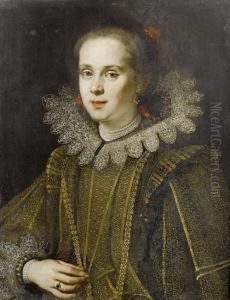 Portrait Of A Lady, Half-length, In A Gold Embroidered Dress With A White Collar And A Pearl Necklace