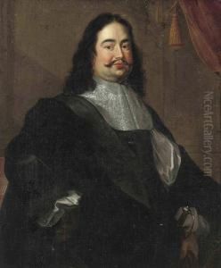 Portrait Of A Gentleman, Three-quater-length, In Black Robes And Awhite Lace Collar, His Left Hand Resting On A Sword
