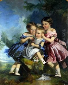 Three Sisters, Holding Fruit And Flowers In Landscape