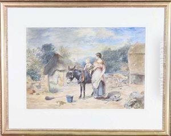 Farmyard Scene With A Child Riding A Donkey Watched By His Mother - view 1