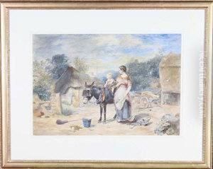 Farmyard Scene With A Child Riding A Donkey Watched By His Mother by Thomas Sutcliffe