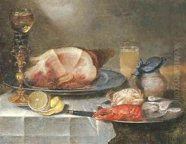 A ham, a lobster, a crab and shrimps on pewter plates with a roemer on a gilt stand, a glass of beer, an earthenware jug - view 1
