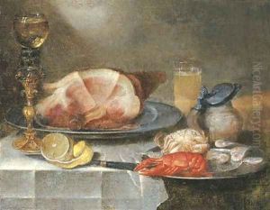 A ham, a lobster, a crab and shrimps on pewter plates with a roemer on a gilt stand, a glass of beer, an earthenware jug by Alexander Adriaenssen
