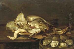 A bowl of clams with a plate of fish and oysters on a table by Alexander Adriaenssen