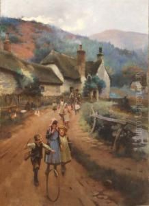 Children In A Lane Before Cottages by Leghe Suthers