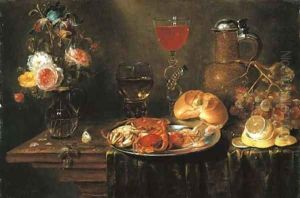 Roses and an iris in a glass vase, crabs and prawns on a pewter platter, a Facon-de-Venise wineglass, a stoneware ewer, a bunch of grapes by Alexander Adriaenssen