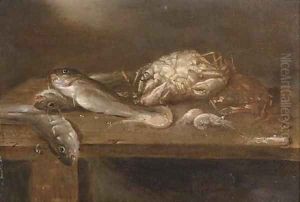 Crabs, pikes and shrimp on a wooden ledge by Alexander Adriaenssen