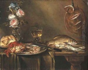 Roses and an iris in a glass vase, crabs and prawns on a pewter platter, a bread roll, a roemer and fish on a partly draped table by Alexander Adriaenssen