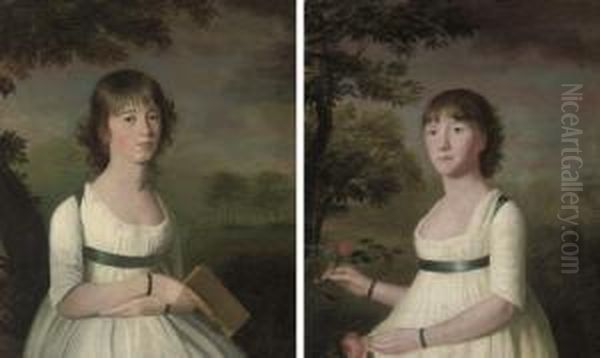 Portrait Of A Young Girl, Half-lengh In A White Dress With A Blue Sash, A Book In Her Right Hand, In A Landscape; And Portrait Of A Young Girl, Half-lengh, In A White Dress With A Blue Sash, Roses In Her Hands, In A Landscape - view 1