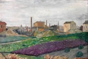 Bylandskap Med Fabrikkpiper Og Kirkespir by Anders Castus Svarstad