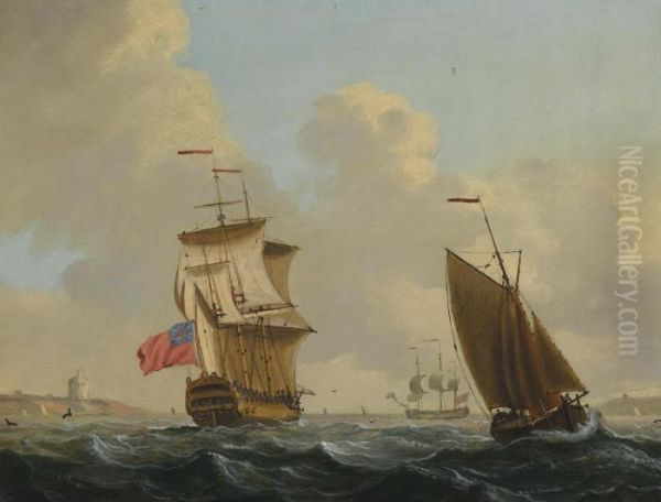 Two British Men Of War And A Fishing Boat Under Sail Off The Coast - view 1