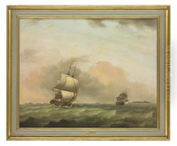 Two British Men-o'war Heeling In The Breeze Offshore - view 1