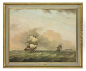 Two British Men-o'war Heeling In The Breeze Offshore