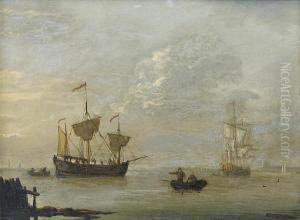 A Coastal Trader Anchored Offshore In A Calm, With An English Frigate Beyond by Francis Swaine