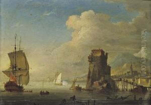 An English Warship At Anchor Off A Fortified Port With An Admiralty Yacht Firing A Salute To Signify Her Departure - view 1