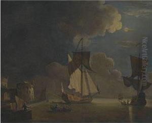British Shipping In A Harbour By Moonlight by Francis Swaine