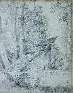 Two Figures By Maori Hut