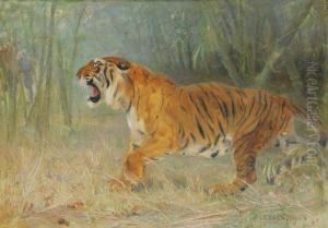Brullende Tijger In De Jungle Met Olifantenstoet In De Verte by Cuthbert Edmund Swan