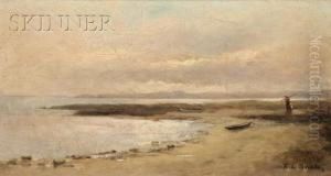 Coastal View With Figures And Rowboats At Dusk