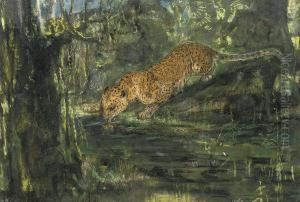 Leopard Drinking From A Stream In The Jungle by John Macallan Swan