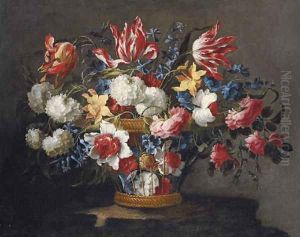 Snowballs, daffodils, tulips, roses and other flowers in a wicker basket on a ledge by Juan De Arellano