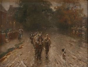 Man Leading A Pair Of Shire Horses Along A Street On A Rainy Evening