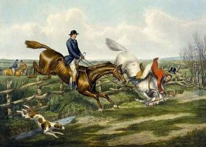 Falling Off, plate from 'The Right and The Wrong Sort', in Fores Hunting Sketches 1859 by Henry Thomas Alken