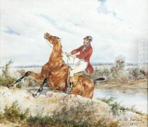 Veneur A Cheval Franchissant Un Ruisseau by Edouard Bernard Swebach