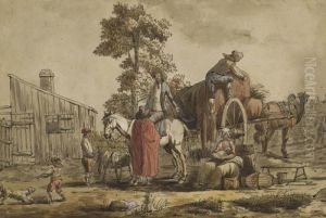 Une Mere Et Ses Enfants Devant Le Chargement D'une Charrette Une Mere Et Ses Enfants Devant Le Chargement D'une Charrette