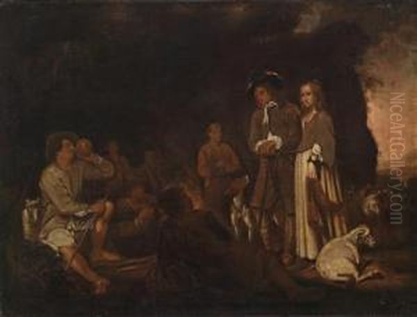 A Gentleman And A Lady Conversing Withshepherds Gathered Around A Fire - view 1