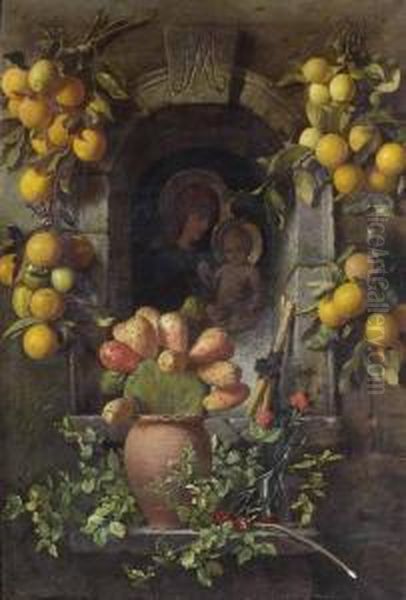 Fensterbogen Mit Gottesmutter, Umrahmt Von Zitronen Und Orangen, Auf Einem Mauervorsprung Ein Opuntienstock. - view 1