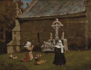 Femmes Et Enfant Priant Devant La Croix by Clement Nye Swift