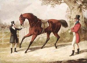 A huntsman and his groom with a saddled bay hunter, the meet beyond by Henry Thomas Alken
