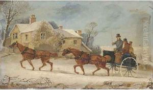 A horse and coach driving through the snow