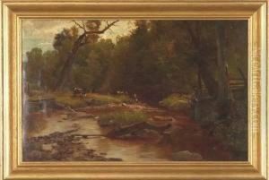 Creekside Landscape With Cattle Grazing by James Brade Sword