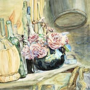 Pink Roses And Chianti Bottle On A Sill by Anna L., Nee Hansen Syberg