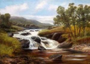 River Landscape With Children Fishing From A Rock