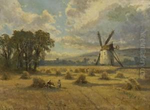 Rastende Bauern Auf Einem Feld Vor Windmuhle