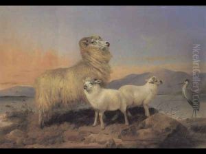 A Ewe with Lambs and a Heron Beside a Loch by Richard Ansdell