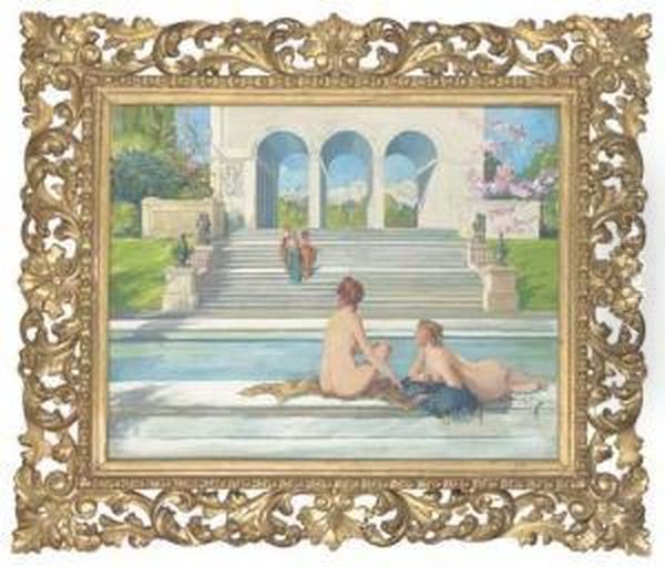 Maidens Relaxing By A Pool In An Arcadian Landscape - view 1